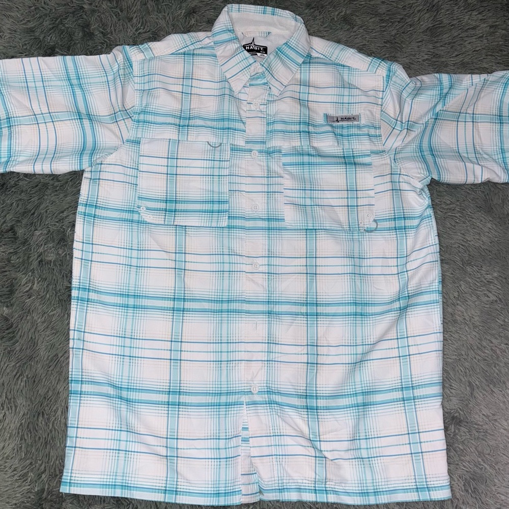 Columbia Men's Aqua and White Plaid Button Down Shirt